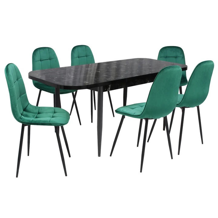 Set masa extensibila Viena Negru cu 6 Scaune Gya Verde, picioare negre, tapiterie din piele ecologica, dreptunghiulara, blat din PAL laminat, 140x80x75 cm