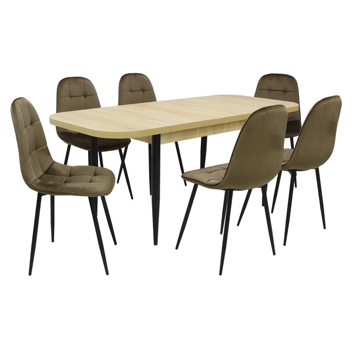 Set masa extensibila Viena Stejar cu 6 Scaune Gya Maro, picioare negre, tapiterie din piele ecologica, dreptunghiulara, blat din PAL laminat, 140x80x75 cm