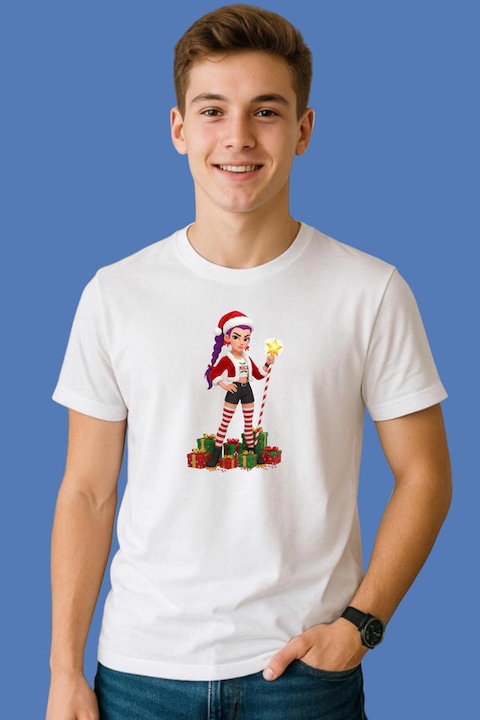 Tricou Barbat Huntrix K Pop Hunters Demon Fata Craciun Cu Baston Magic, Alb