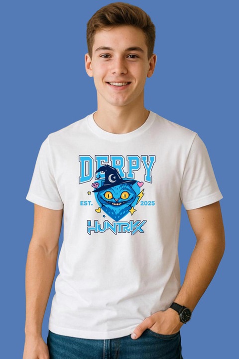 Tricou Barbat Huntrix K Pop Hunters Demon Derpy Mascot Albastru Editie 2025, Alb