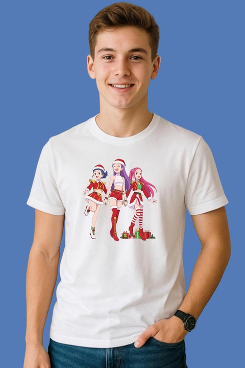 Tricou Barbat Huntrix K Pop Hunters Demon Trio Fete Craciun Cu Cadouri, Alb