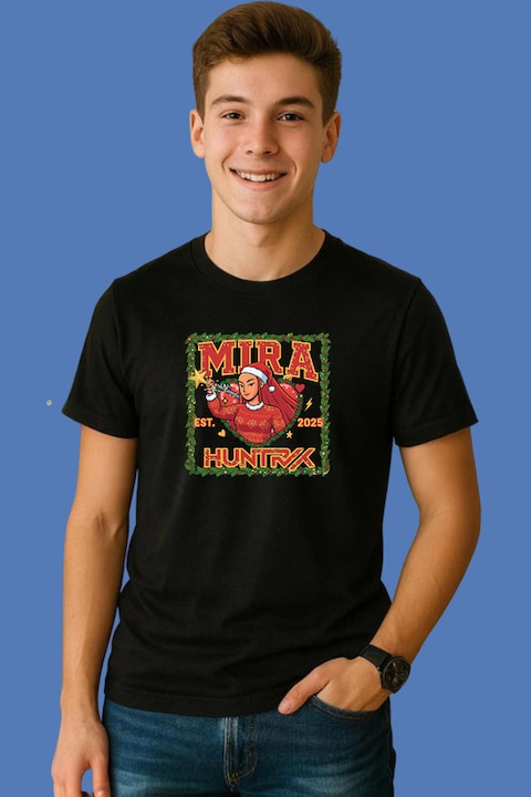 Tricou Barbat Huntrix K Pop Hunters Demon Mira Character Icon Coronita Craciun, Negru