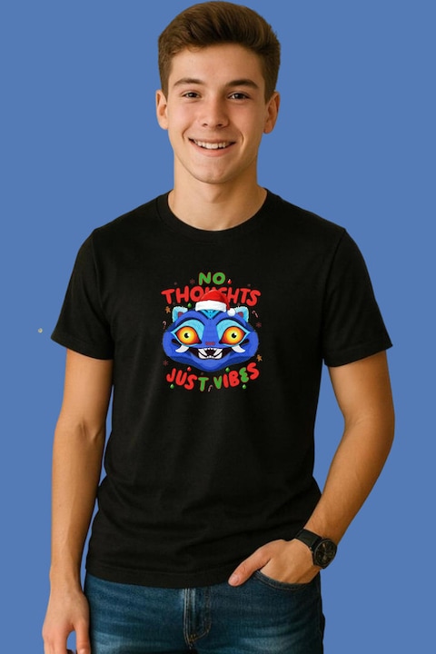 Tricou Barbat Huntrix K Pop Hunters Demon Pisica Mesaj No Thoughts Just Vibes, Negru