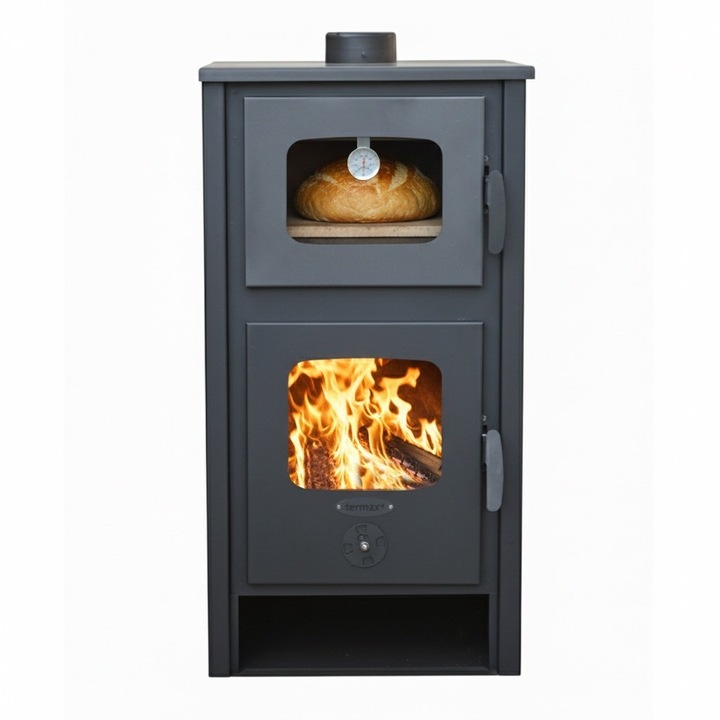 Termosoba pe lemn Termax Robot Special, 24.43 kW, cuptor integrat, randament 85.10%, 155 m², Negru