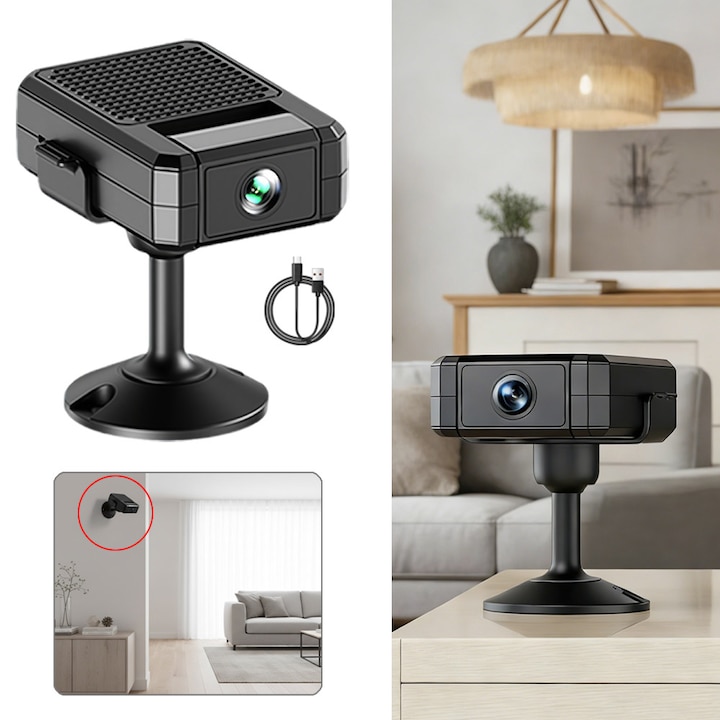 Excitat®, Mini rejtett kamera 1080P WIFI, Ultra HD, 180°-ban forgatható lencse, 150°-os látószög, mikrofon, élő megfigyelés, hurokrögzítés, infravörös éjjellátó, 700mAh, dedikált alkalmazásvezérlés