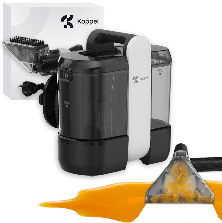 Aspirator cu spalare injectie-extractie Koppel® AI11, putere 14kPa, aspirator cu apa profesional umed-uscat, curatare tapiterie, covoare, canapele, pentru casa & auto, tub auto curatare, auto-stop rezervor plin, rezervoare 1.5l si 1.2l, negru