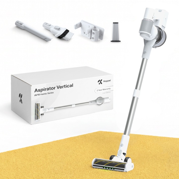 Aspirator vertical fara fir Koppel® AV10, aspirator cu acumulator, aspirator vertical 2in1 & aspirator mana, aspirator fara fir portabil, motor brushless, putere 32kPa, suport perete incarcare wireless, filtrare ciclonica HEPA, display, perie rotativa LED