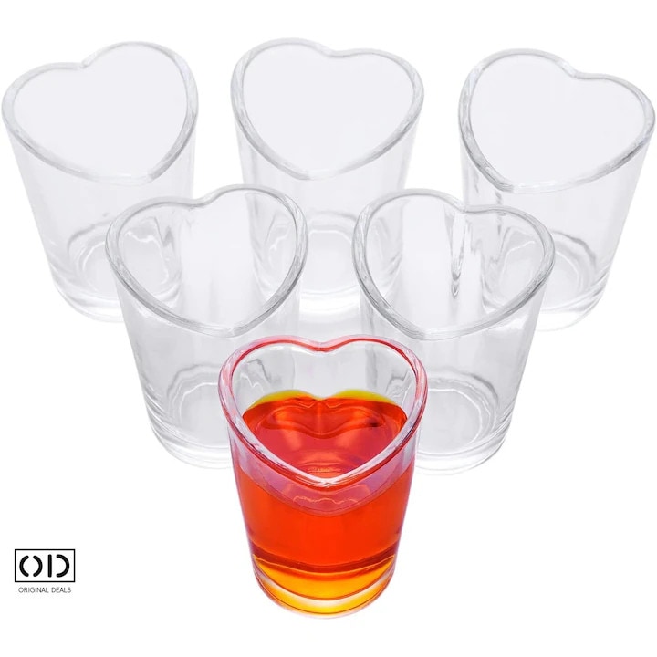 Pahare pentru Shot-uri cu Vodka, Whisky, Tequila, Rom si Gin, Capacitate 45 ml, Set 6 Bucati din PVC Transparent in Forma de Inimioane, ORIGINAL DEALS