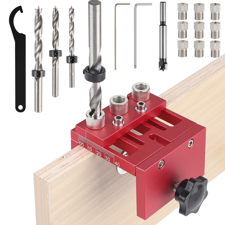 Set 3 in 1 pentru gaurit cu sablon auto-centrant, Bedee, 6/8/10/15mm, ghid de gaurire ajustabil, accesorii pentru tamplarie, Potrivit pentru scanduri de lemn de 15-25 mm grosime, cu marcare laser si 15 accesorii, Rosu