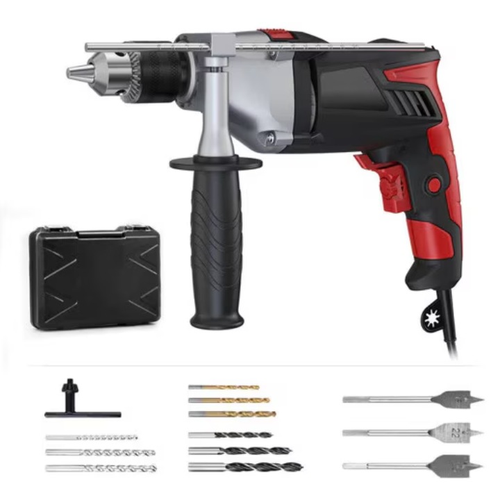 Bormasina cu percutie Meterk, 950W, 0-2800 RPM, Mandrina 13 mm, Set burghie, 31 x 25 x 7 cm, Metal si Plastic, Negru Rosu