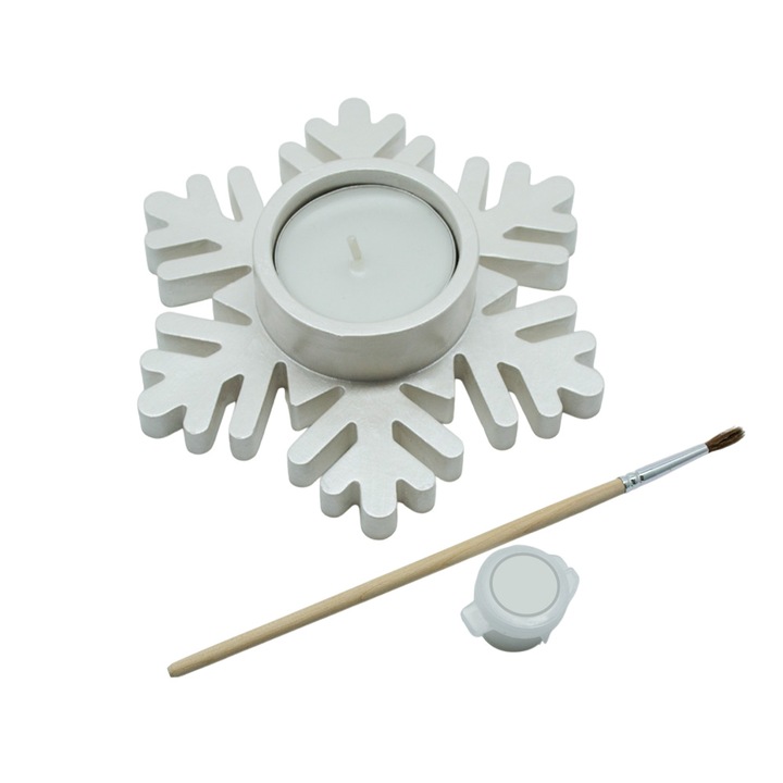 Коледна фигурка от гипс за рисуване, Снежинка, пълен комплект с бяла боя, четка и свещ, 11x11x2.5 см