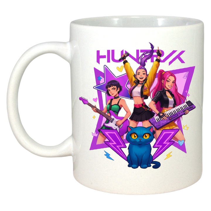 Cana Huntrix K Pop Hunters Demon Trio Fete Rock Cu Chitara, Craciun, Sarbatori, Cadou, 100% Ceramica, Cri-Flo, Culoare Alb, 330 ml