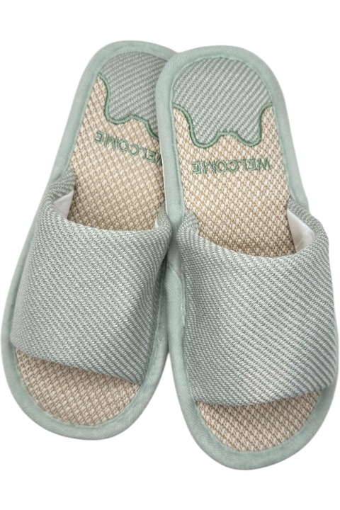 Papuci de casa pentru dama, Tecos®, imprimeu WELCOME, talpa comoda si respirabila, Verde, 38-39