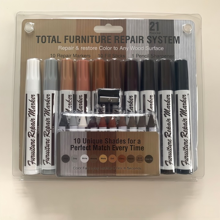 Kit reparatii suprafete din lemn, 10 markere, 10 creioane, multicolor