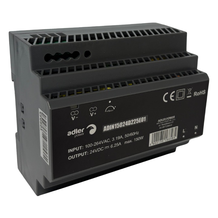 Sursa de alimentare, 24V DC, ADLER, model ADIN15024, 150W, montaj pe sina DIN, dimensiuni 125x97x30mm