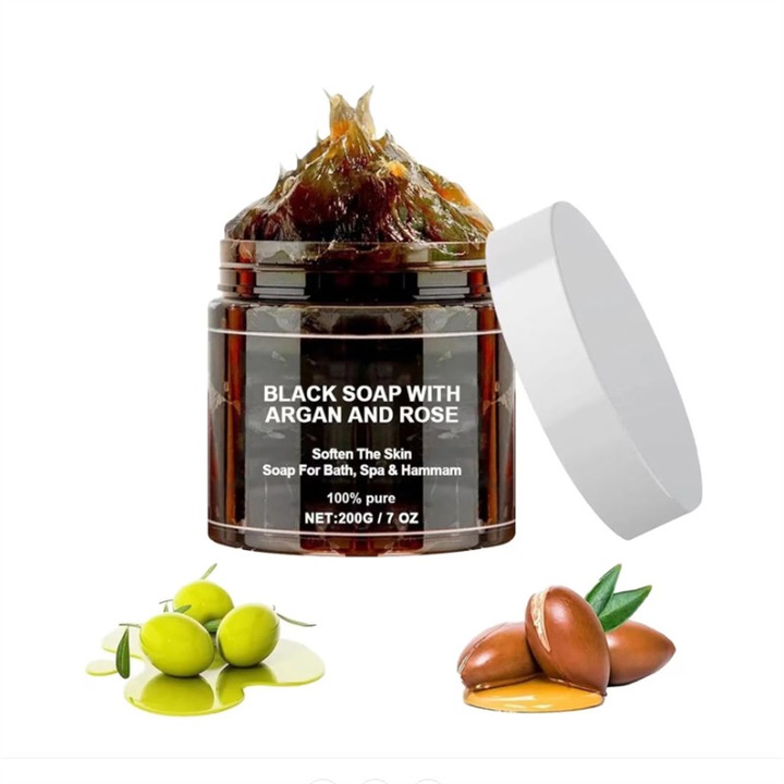 Marokkói Fekete Szappan Argánnal és Rózsaolajjal, 200g, Gyengéd Hámlasztás, Intenzív Hidratálás