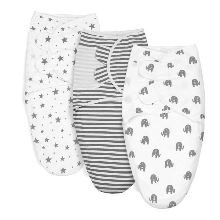 Set 3 paturi de infasat bebelusi, Esther Beauty, Bumbac, Gri multicolor, 55x65cm