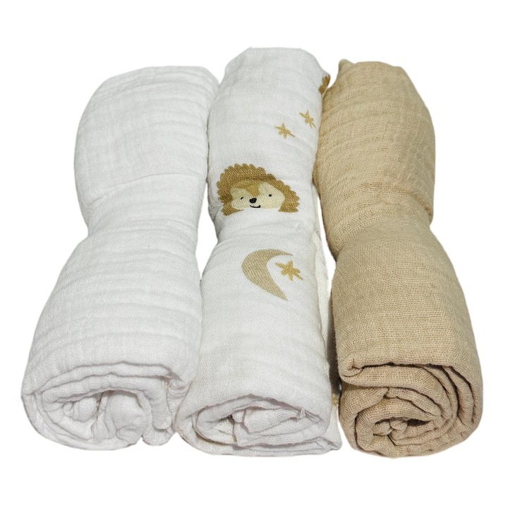 Set 3 paturici muselina super soft, 60x60 cm, 100% bumbac, extra care baby, certificata, multicolor, baieti sau fete