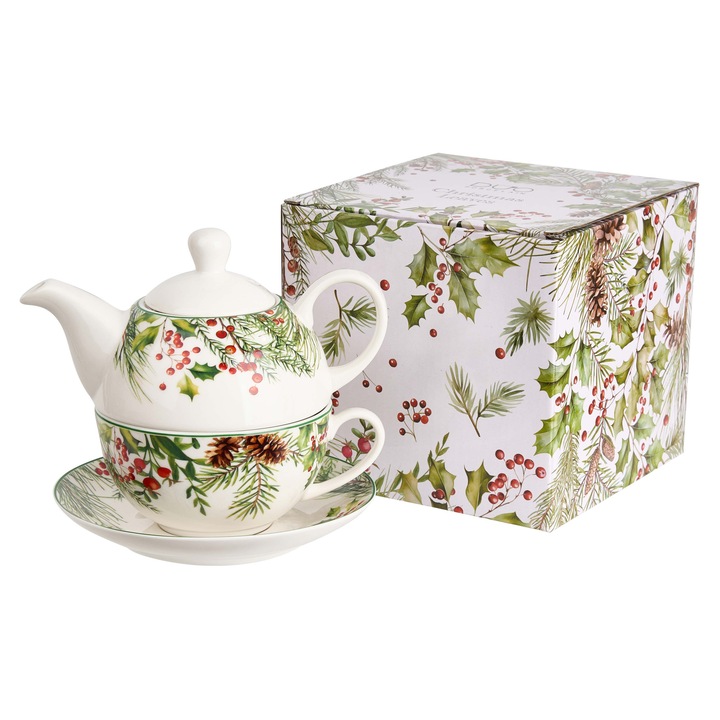 Set pentru ceai, Duo Gift, Christmas Leaves, portelan alb-crem, capacitate 350 ml