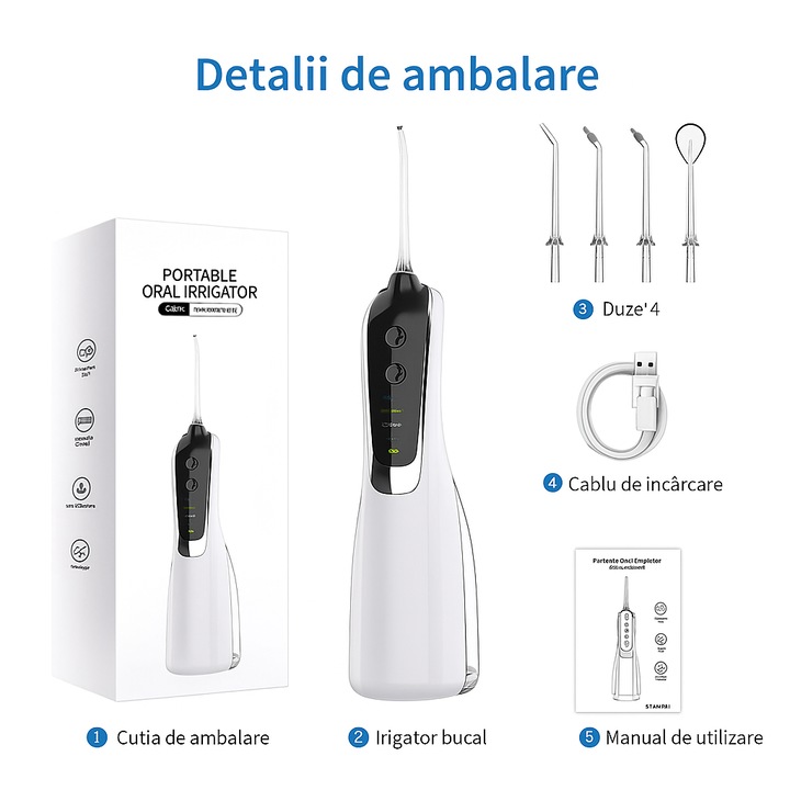 Професионален орален иригатор CUSTITO PRO, 4 режима, 5 нива на налягане, бял, преносим, резервоар 300 мл