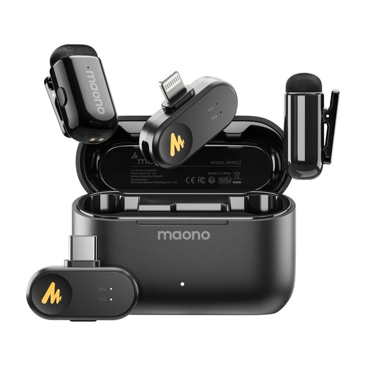 Maono WM622 PBC2 vezeték nélküli mikrofon, 2 TX + 2 RX szett, fekete, 100m hatótáv, 30 óra üzemidő