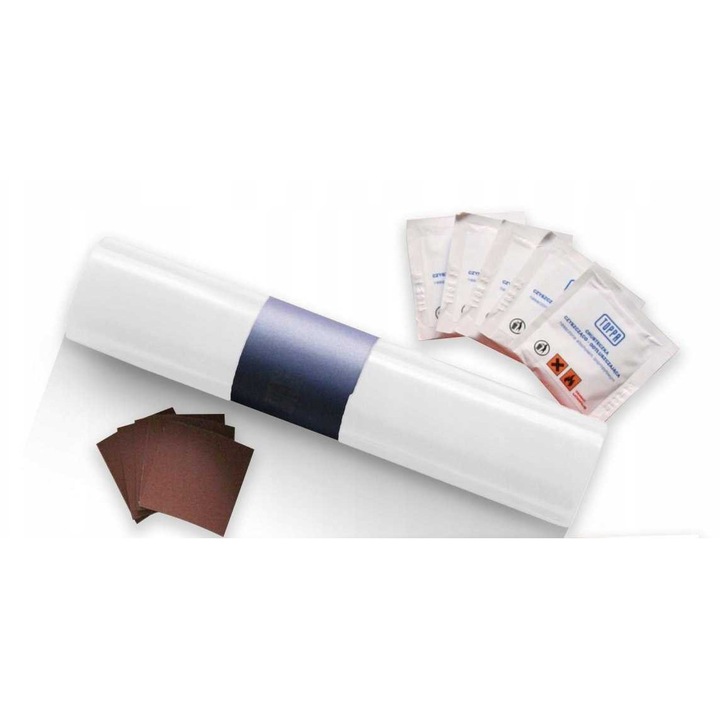 Set de reparare pentru prelate, Mannschaft, 220x32cm, alb, include rola de banda adeziva, smirghel, servetele de curatare.