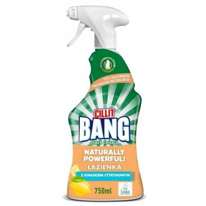 Cillit Bang Fürdőszobai tisztító spray 750ml, 100% természetes összetevőkkel, citromsavval, hatékony a vízkő ellen