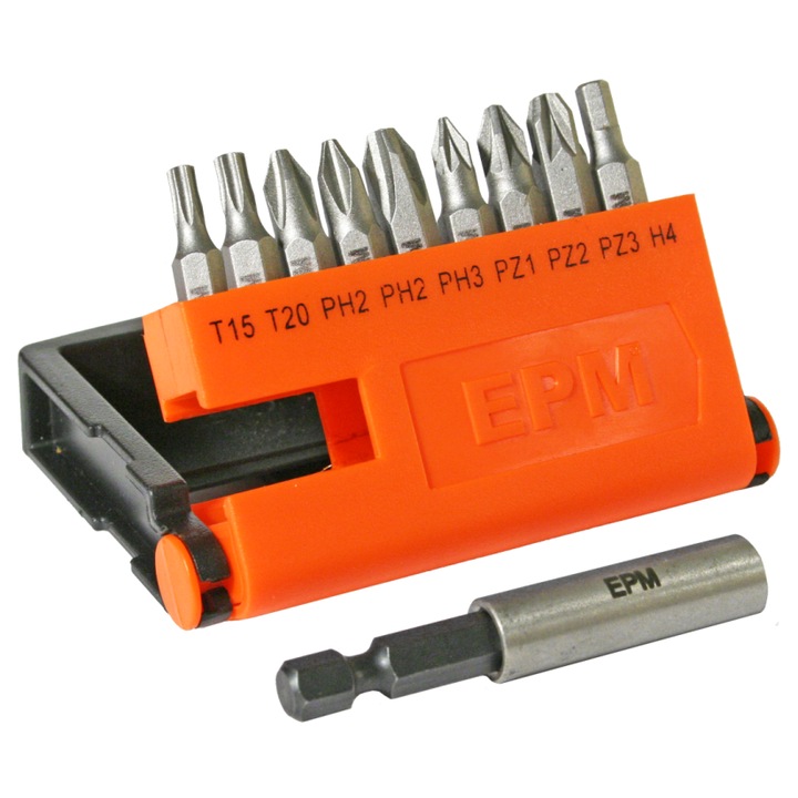 Комплект накрайници за отвертка 9 части, EPM, стомана S2, размери PH2x2, PH3, PZ1, PZ2, PZ3, T15, T20, HEX4, 1/4"