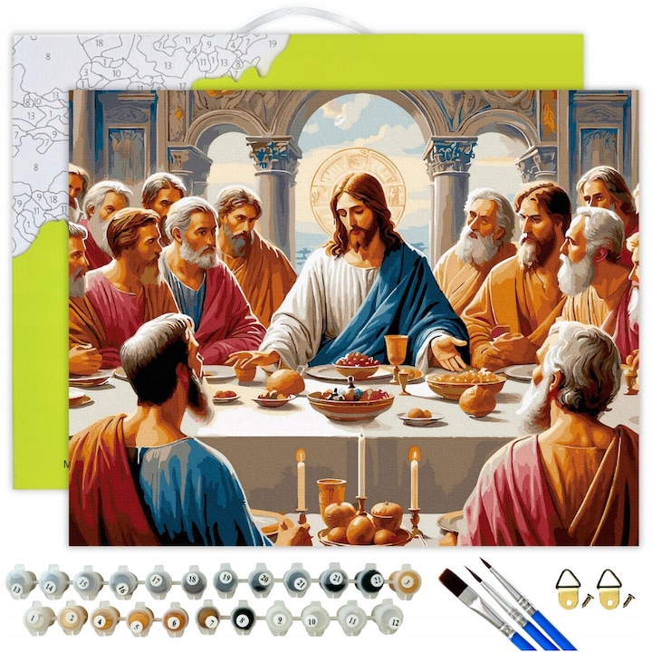 Комплект за рисуване по номера Религия "Тайната вечеря" 50x40 см - Памучно платно, 32 цвята, включени инструменти, идеален подарък за релакс и развитие на креативността Oh Art!®