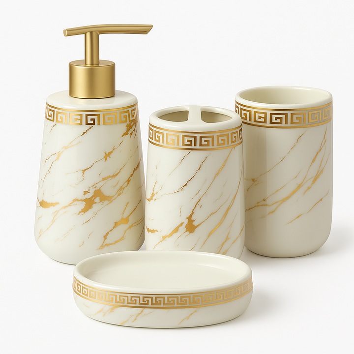 Set Accesorii Baie 4 Piese, Alb Lucios cu Insertii Aurii, Design Marmorat