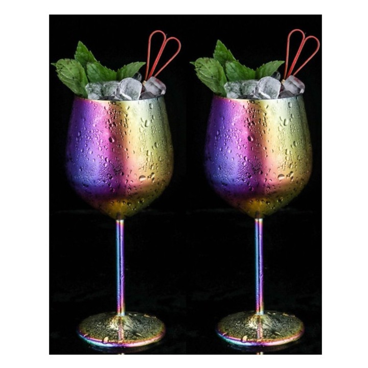 Nabi Market ® Szett 2 Szivárványos Borospohár, Rozsdamentes Acél Borospoharak, 530 ml Kapacitás, Tartós és Korrózióálló, Elegáns Design, Elegáns Pohár Szett Különleges Eseményekre, Ideális Ajándék, Újrafelhasználható Borospoharak