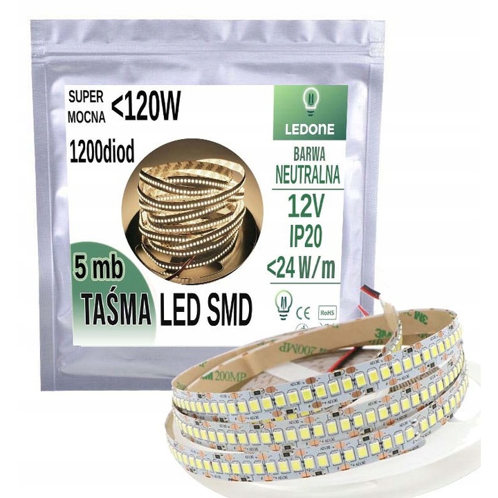 LED лента Premium 12V SMD2835, неутрално бяло, 240 LED/m, 5m
