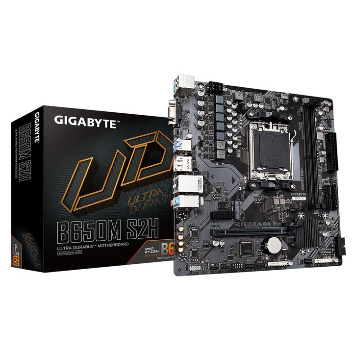 Placa de baza GIGABYTE B650M S2H, micro ATX, 128 GB RAM, suport DDR5, culoare maro, dimensiuni 230x225x35mm