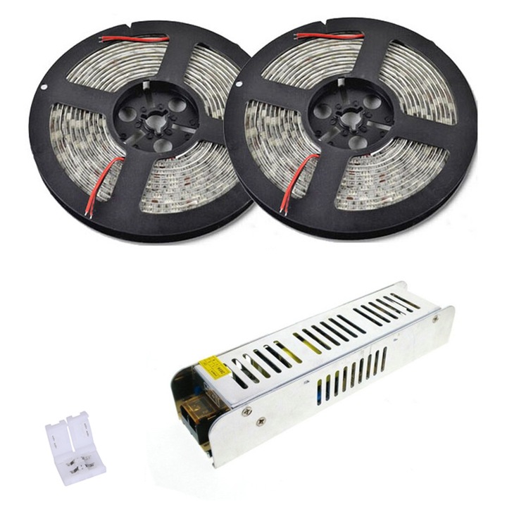 Set benzi LED 3528 600 Lumen Alb 10M IP20 + Alimentare 100W