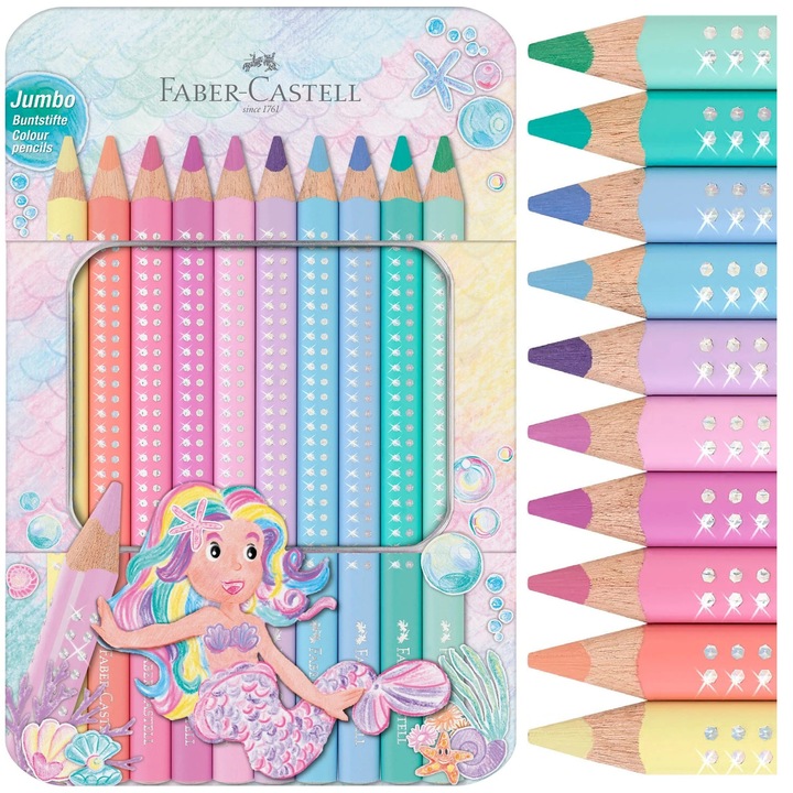 Creioane Pastel Jumbo Sparkle Faber-Castell, 10 Culori, Cutie Metal