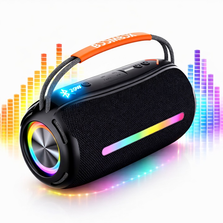 Boxa portabila BomBox Bluetooth Virelio, Autonomie ridicata a bateriei 12 h, Rezistenta la apa, Lumini RGB, Led Colorata, Difuzoare Wireless, Maner transport, Bass puternic, Putere 20w, Outdoor, Bluetooth 5.0 Culoare, Neagra
