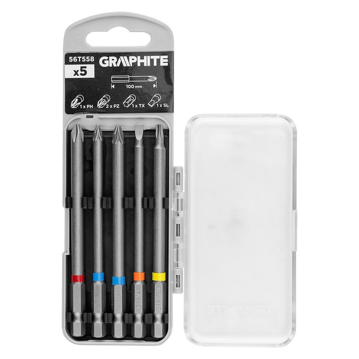 Set 5 Biti Extensi Lungi 100mm GRAPHITE, Otel CrV, Cut 1/4"
