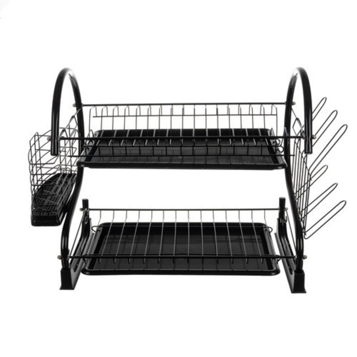 Suport Uscator Vase si Tacamuri Supraetajat, Capacitate 16 Farfurii, 55 x 25 x 37 cm, 2 Tavi de Picurare, Metal si PP, Negru