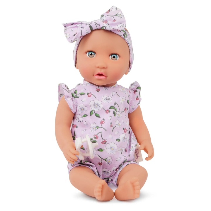 LullaBaby baba cumisüveggel, virágos ruhában, fejpánttal