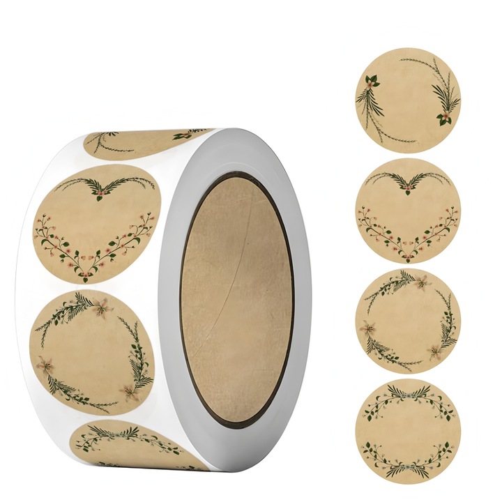 Комплект 1000 самозалепващи се кръгли етикети, 4 модела, водоустойчиви, 2.5см, кафяви