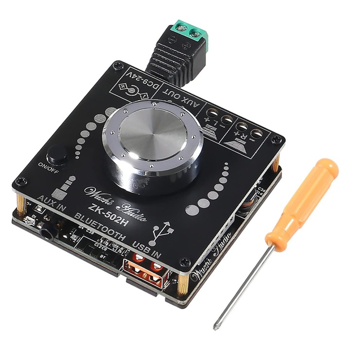 Kit Modul Amplificator 2 x 50W, Rqiurpn, 9-24V/3A, Bluetooth 5.0, AUX, USB, 2 Canale, Negru