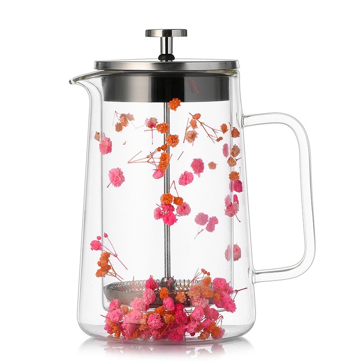 Ceainic roz, 1000ml, set cu infuzor si filtru pentru ceai