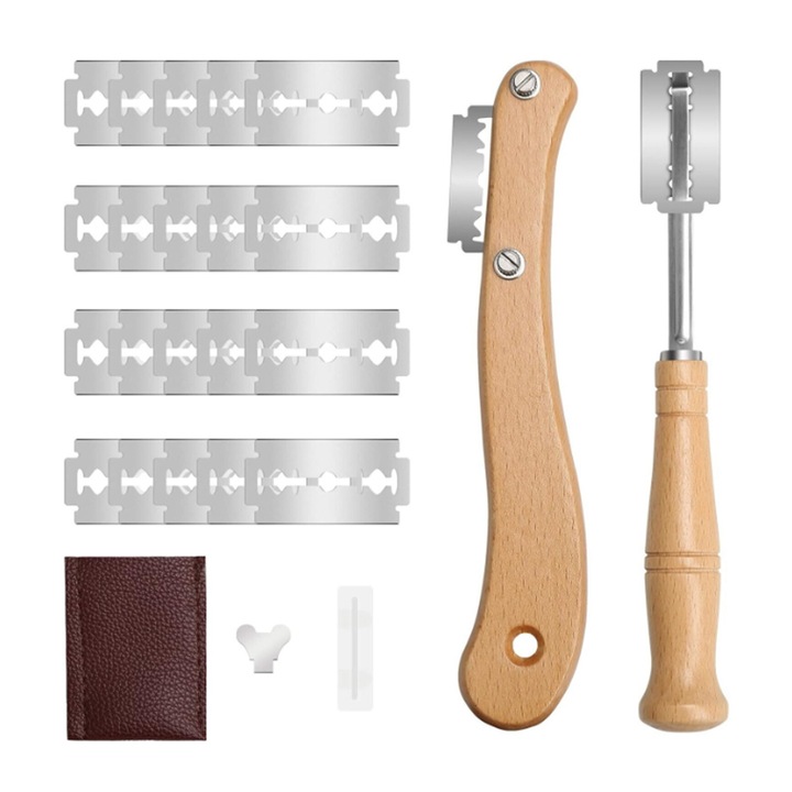 Cutit de paine + 20 lame Jormftte, XINLOSHU®, inox/lemn, protector lama, 19cm