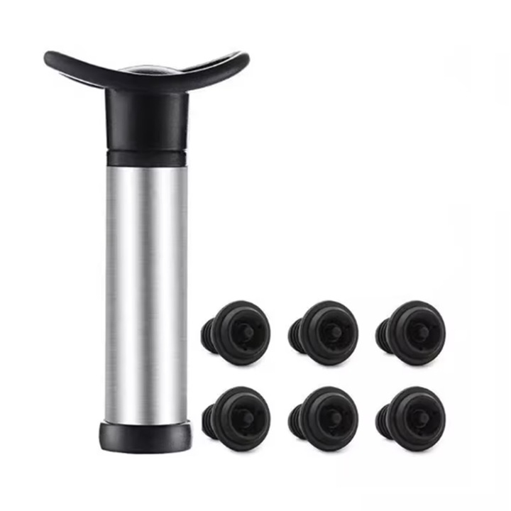 Set pompa vidare vin cu 6 dopuri, silicon, negru