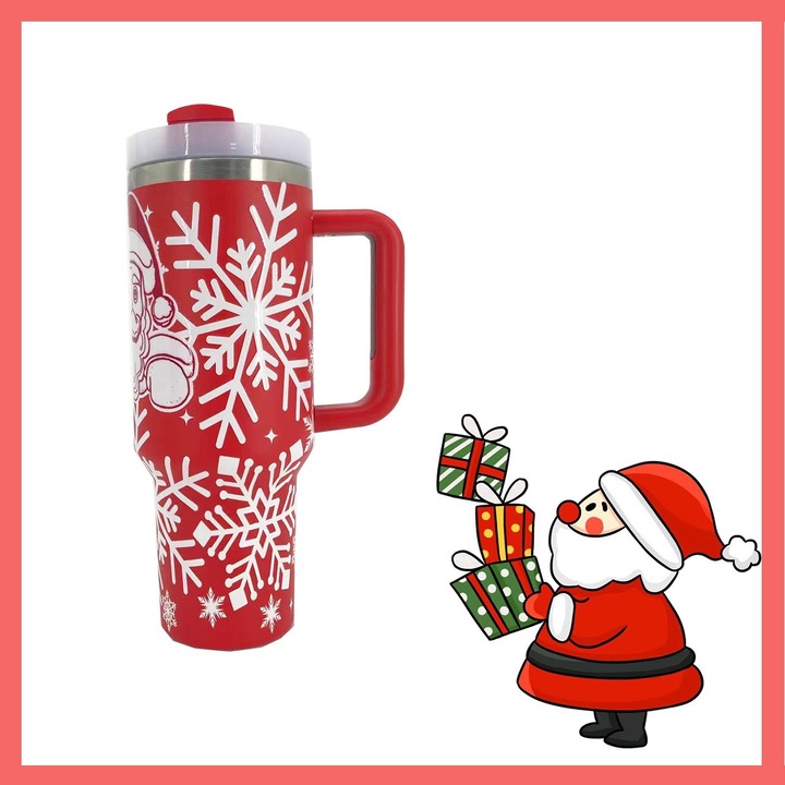 Cana termica de Craciun, model Santa Claus, 40oz, rosie, cu maner portabil