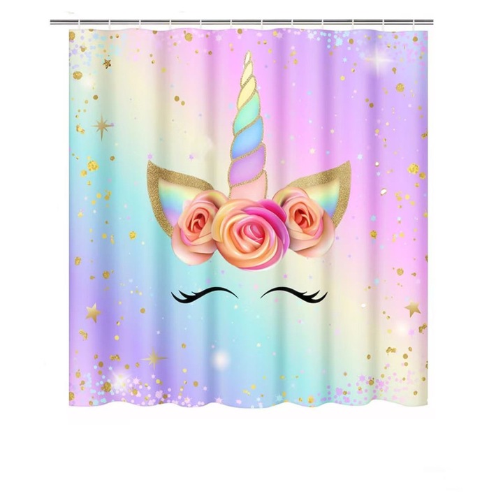 Perdea de dus impermeabila unicorn, 180x200cm, design dragut, multicolor
