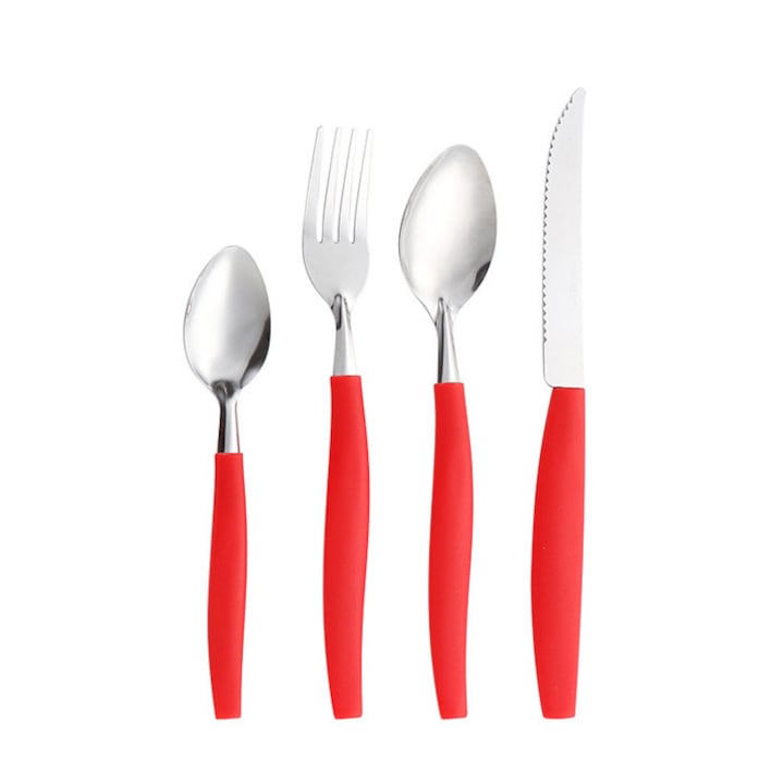 Set de tacamuri 17 piese, inox 304, maner silicon, roșu/argintiu, pentru bucătării, camping, picnicuri