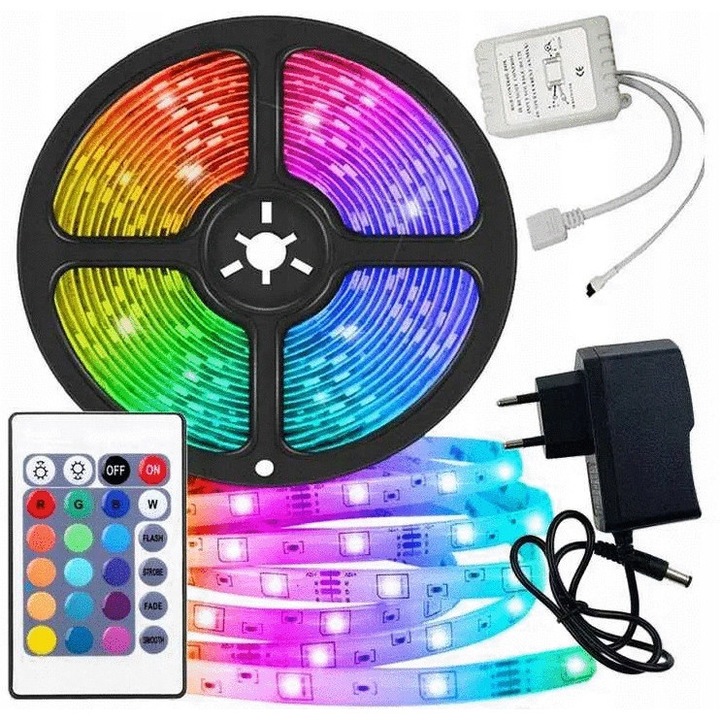 Benzi LED RGB 300 LED SMD 5m, cu pilot si alimentator, 12V, autoadeziv, pentru interior