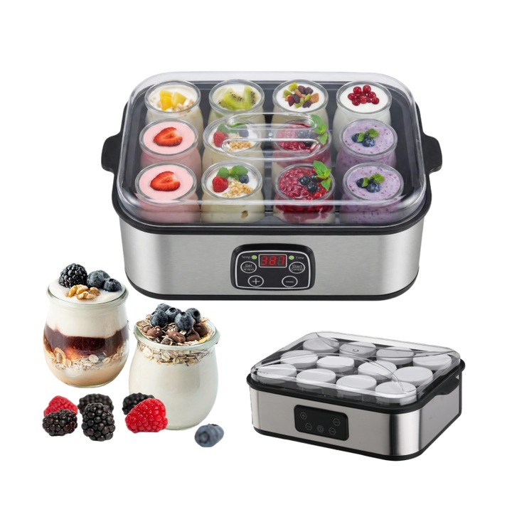 Aparat de facut iaurt, XICENRM®, 2.2l, control temperatura, negru/argintiu, set 12 boluri