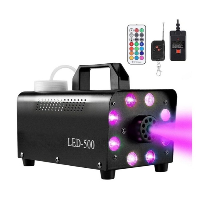 Masina de fum 500W RGB Colorata 8 LED-uri Ejector，AjieQaQ®，hipament profesional de difuzare a fumului, potrivit pentru medii interioare/exterioare, materiale impermeabile, alegerea ideala pentru crearea unei atmosfere festive